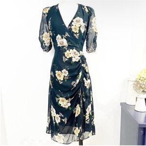 NICHOLAS Silk Dark Green Floral Midi Dress Sz 8